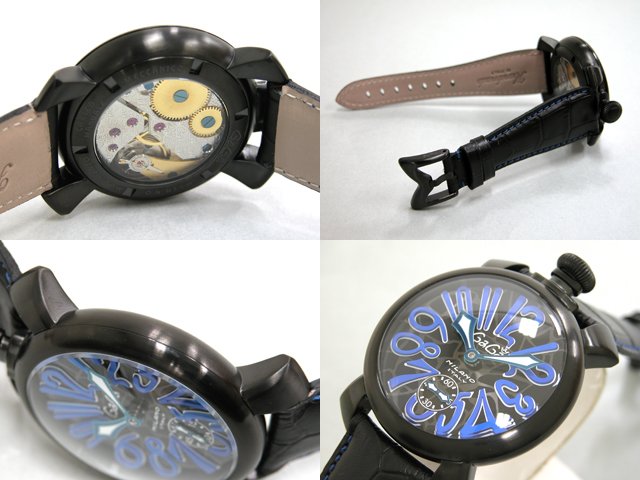 ガガ?ミラノ マニュアル48mm 手巻き 5012 MOSAICO 2 ブラック皮 ブラックモザイク/ブルーアラビア